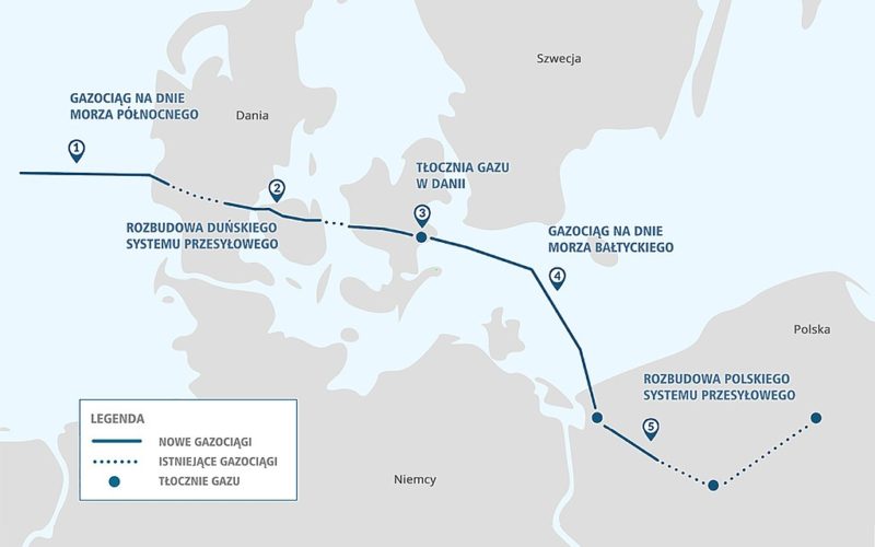Planowany przebieg gazociągu Baltic Pipe. Fot. commons.wikimedia.org/wiki/File:Mapa_baltic-pipe-public-domain-PL.jpg#/media/File:Mapa_baltic-pipe-public-domain-PL.jpg